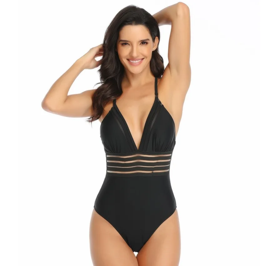 Женский купальник с v образным вырезом монокини черный высокой талией 2020