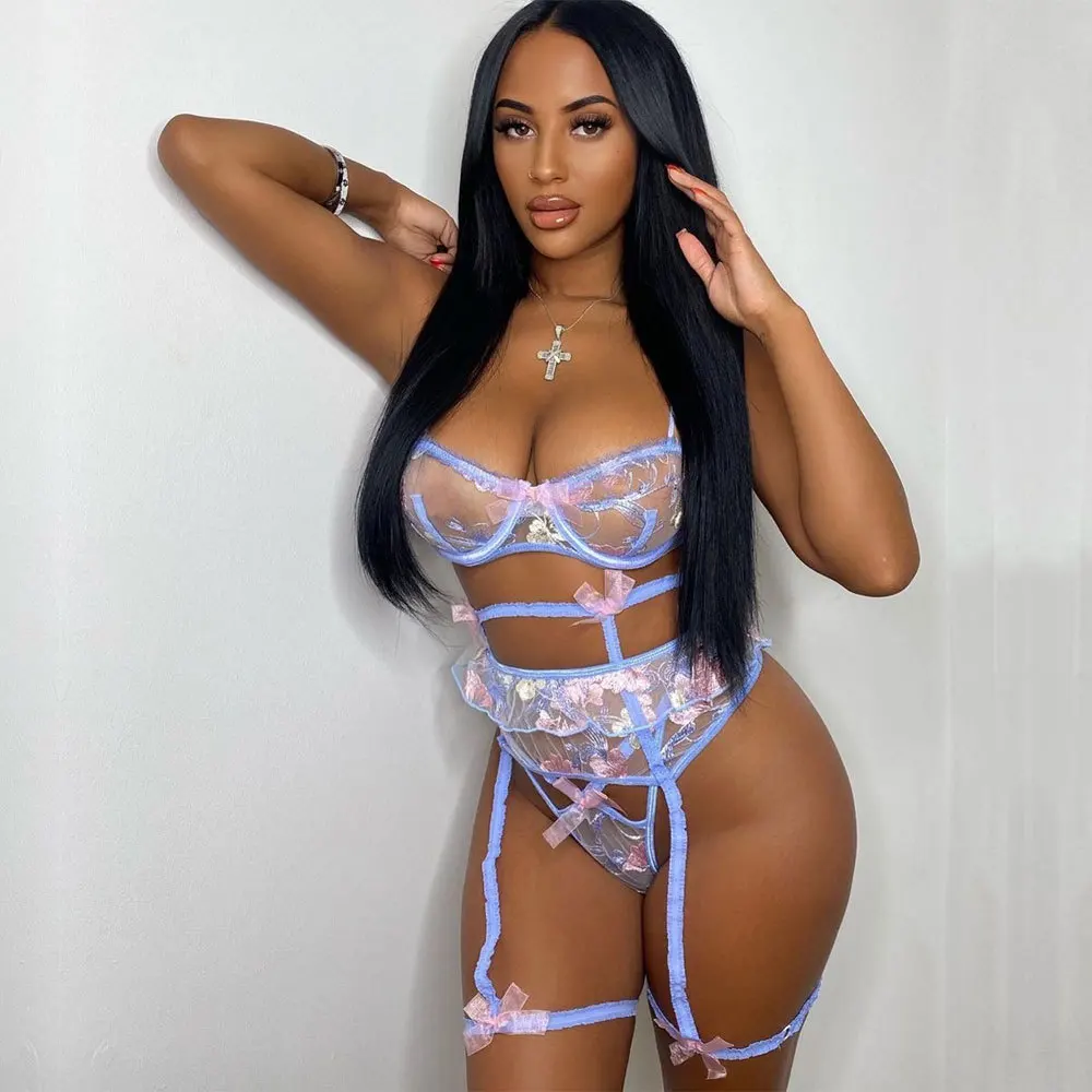 

Новый женский сексуальный костюм-тройка светильник и тонкий жаккардовый костюм с вышивкой и бантом, комплект Lingere, Экзотическая одежда ...