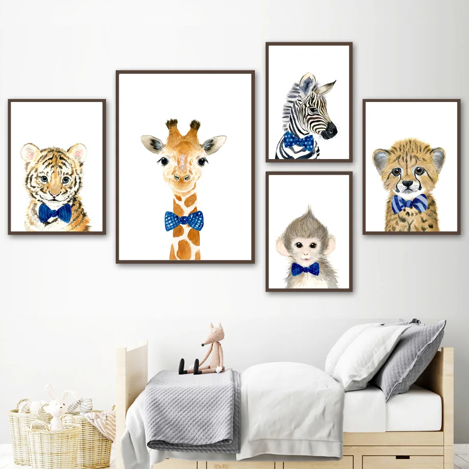 

Жираф, обезьяна, лиса, кролик, слон, постер с зеброй, детская комната, Мультяшные животные, настенная Картина на холсте, картины, декор детско...