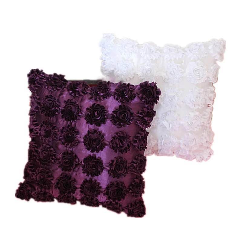 

Free Shipping 3D Floral Embroidery Throw Pillow Case Solid Color Satin Flower Cushion Cover Home Decor No Core HT-PSEC-05