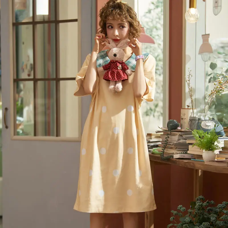 Women's Nightdress Summer Thin Short-sleeved Princess Wind Cute Sweet Student Pajamas Spring and Autumn Loose Home Service