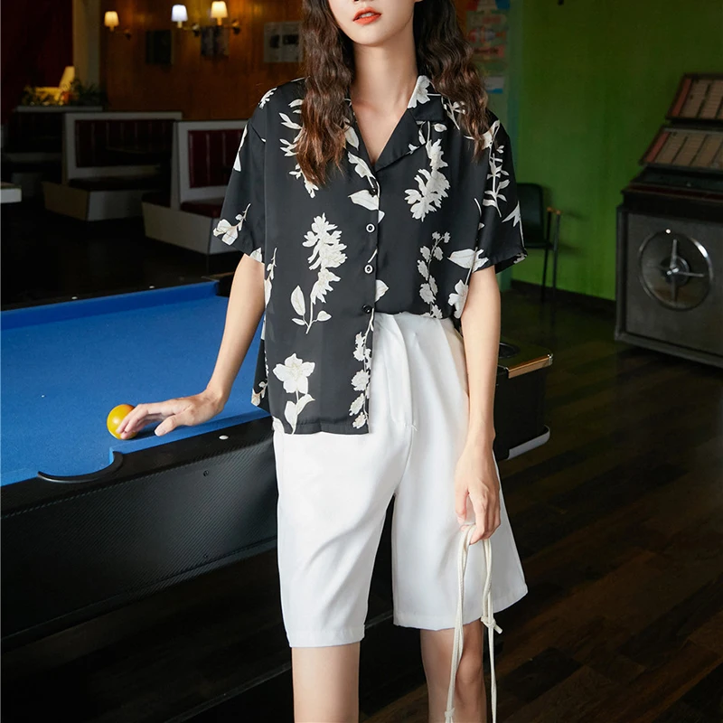 

Chic Retro Short Sleeve Shirt Women's Summer Suit Collar Printed Top Loose Casual Blouse Female Plus Size Black Printed