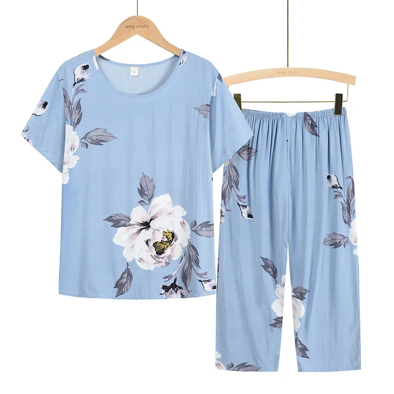 

Summer Cotton Silk 2021 New Middle-aged Suit Short-sleeve Round Neck Floral Print Women Pajamas Top 2 Piece Plus Size Nightwear