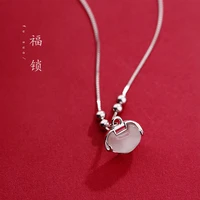 new retro semi precious stone ruyi lock necklace trend girl silver plated long life lock clavicle chain charm lady party jewelry