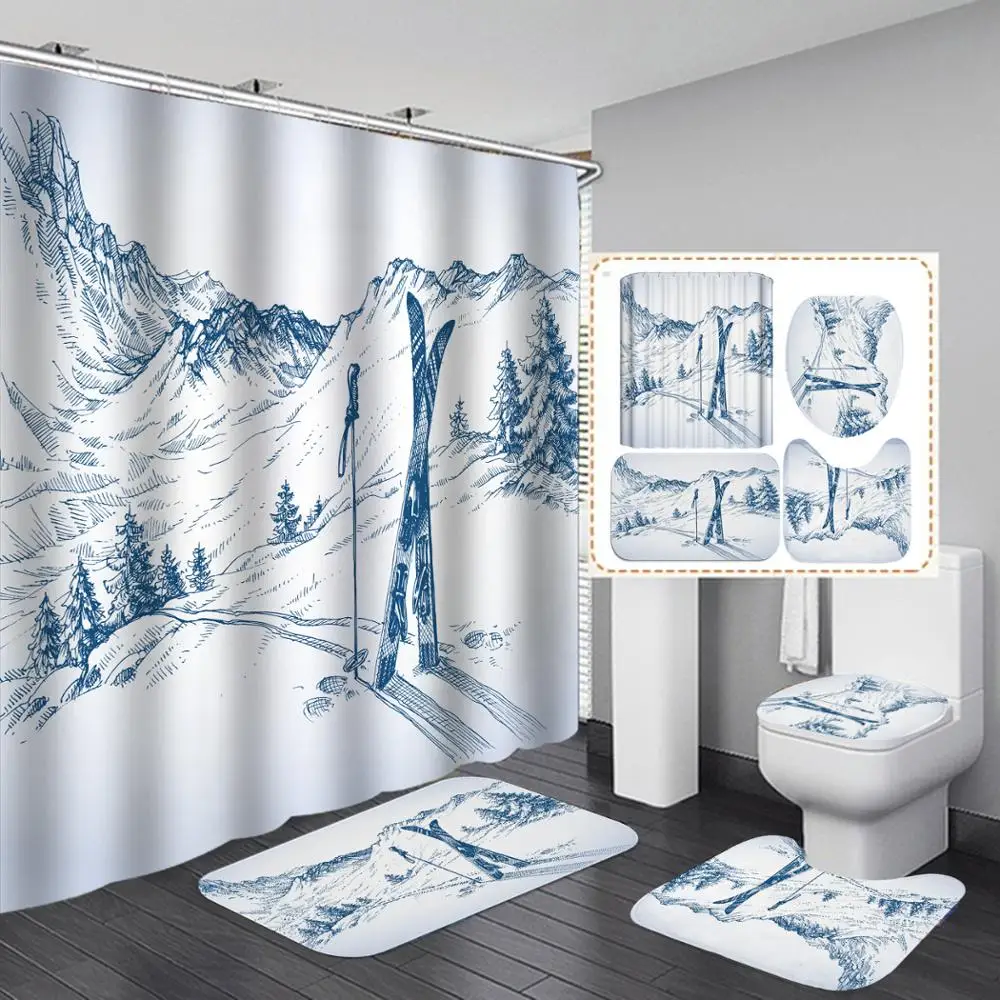 

Art marble Print Shower Curtain 4 Piece Carpet Cover Toilet Cover Bath Mat Pad Set Bathroom Curtain with 12 Hooks