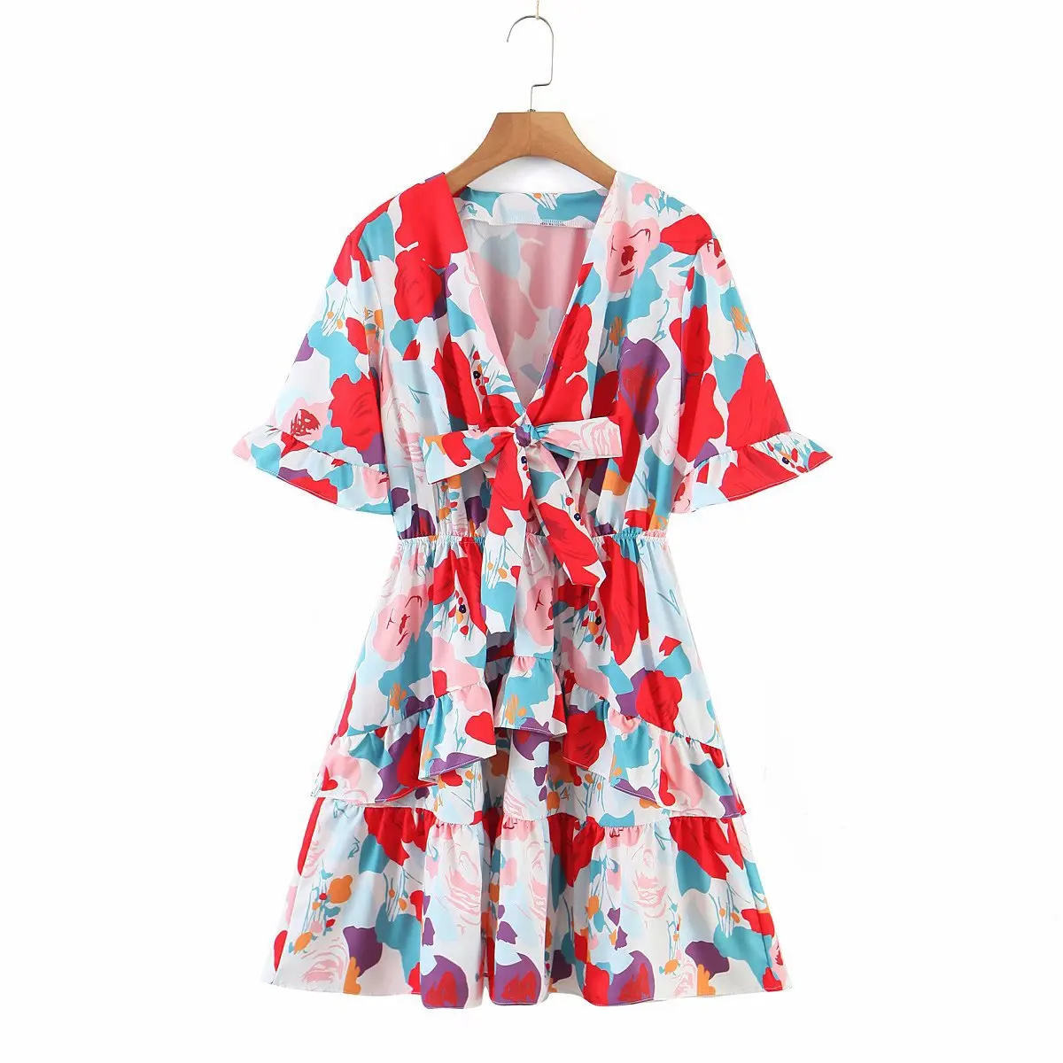 Красный с цветочным рисунком и оборками кружевные v-образная горловина в