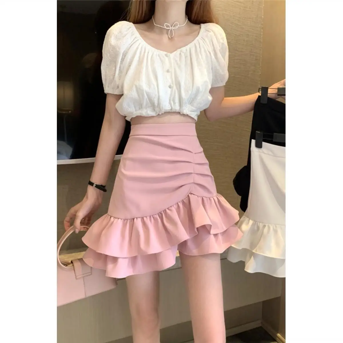 

Irregular Ruffle A-line skirt women's summer 2021 new skirt high waist short skirt fishtail skirt