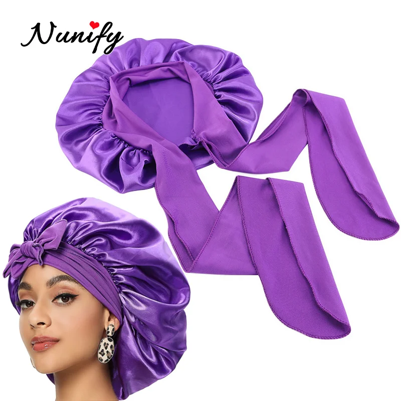 Available Silk Bonnet For Curly Hair Large Satin Bonnet With Tie Band Jumbo Braids Bonnet For Women Sleeping Cap Black
