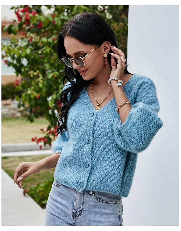 

2021 New Short Knitted Sweater Women Autumn Winter Cardigan Solid Sweaters Casual Loose V Neck Coats Fashion Clothing H266