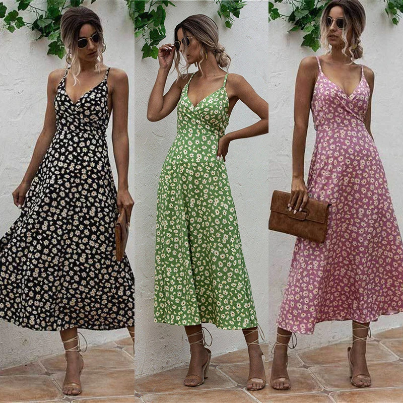 

2020 Summer Explosion Daisy Print Floral Sexy Halter Strap Bow Dress Available in three colors