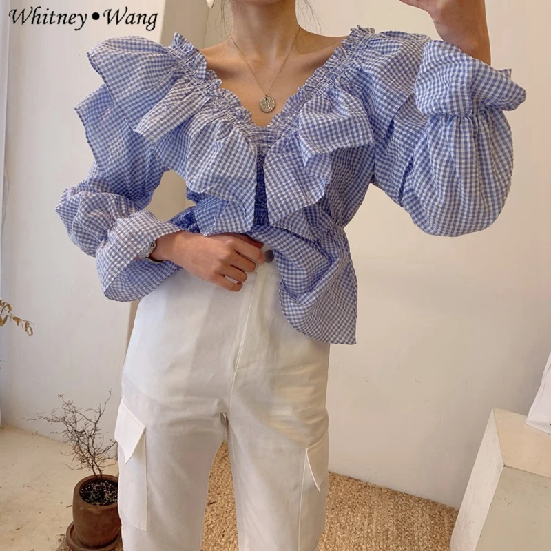 WHITNEY WANG Blouses 2020 Spring Fashion Streetwear Sweet Ruffles Plaid Blouse Women Blusas Lady Shirt Top | Женская одежда