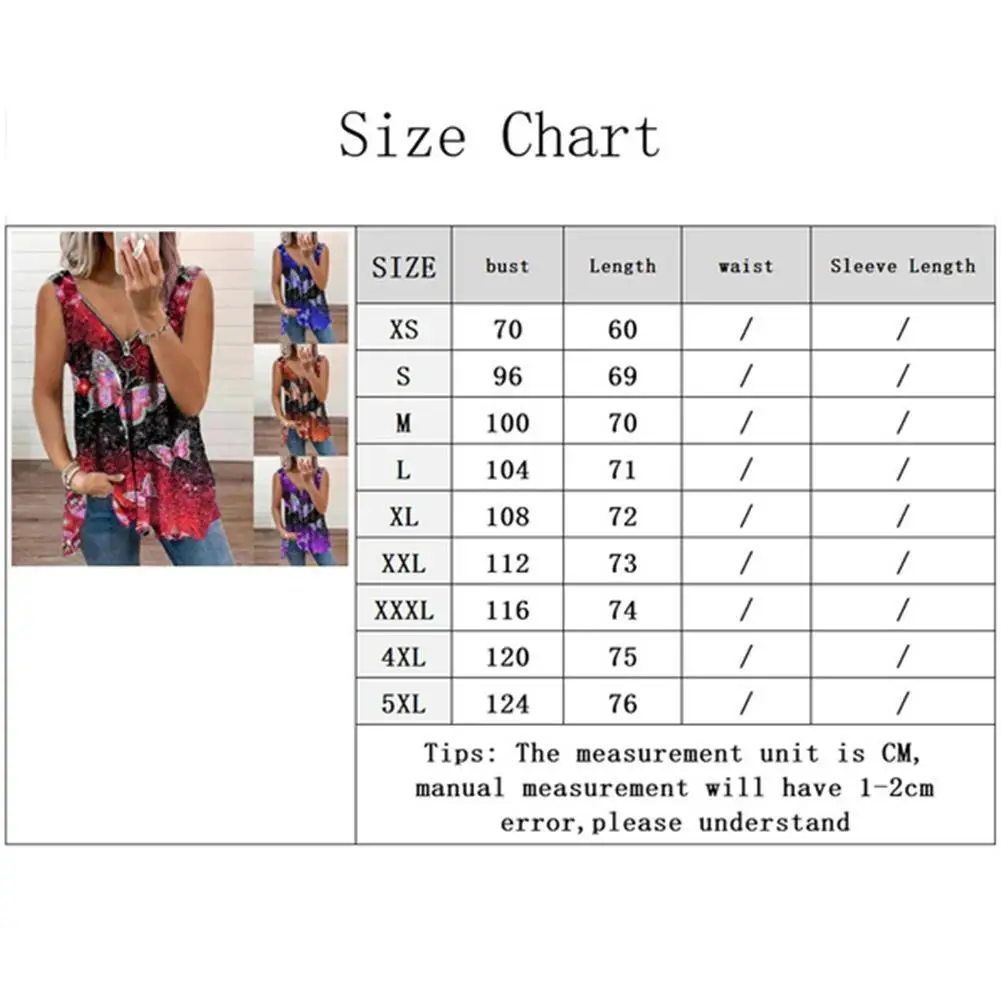 

2021new Women Fashion V-Neck Zipper Butterfly Print Vest Women's Top Sexy Loose T-Shirt Vest Summer Sleeveless Tops Female