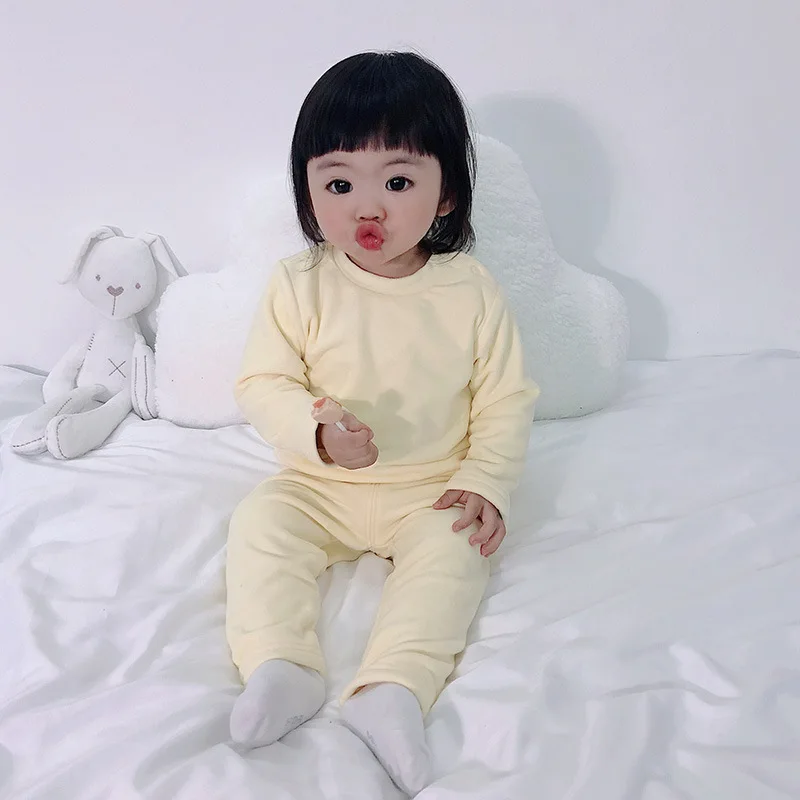 Хлопковая однотонная Пижама для малышей детский зимний комплект одежды сна с