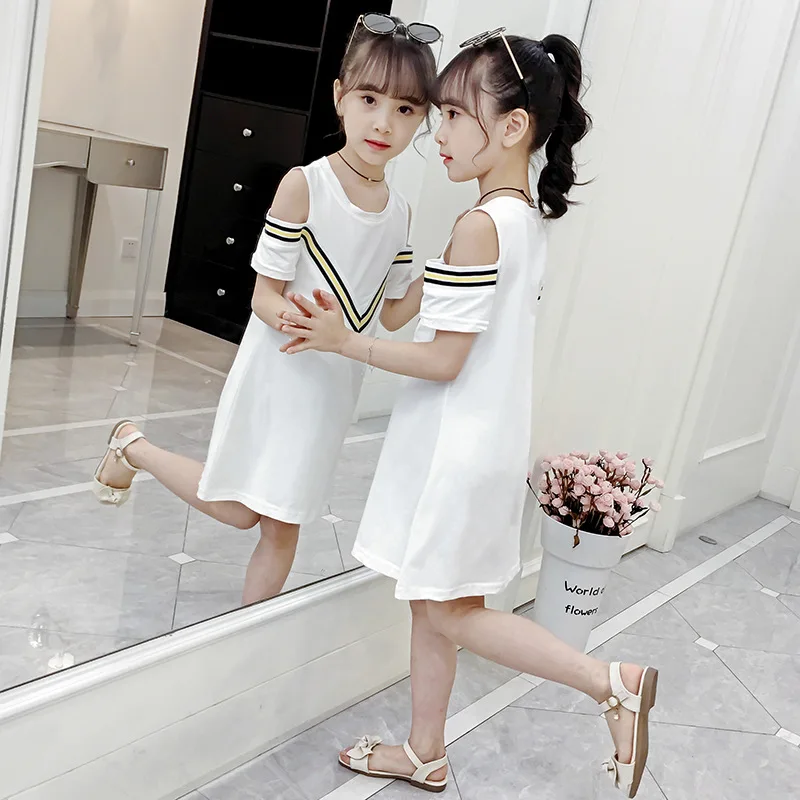 Girls College Wind Dress 2021 Summer New V-neck Off-the-shoulder Blouse White Black Small Fragrant 4 6 8 10 12 Year | Детская одежда и