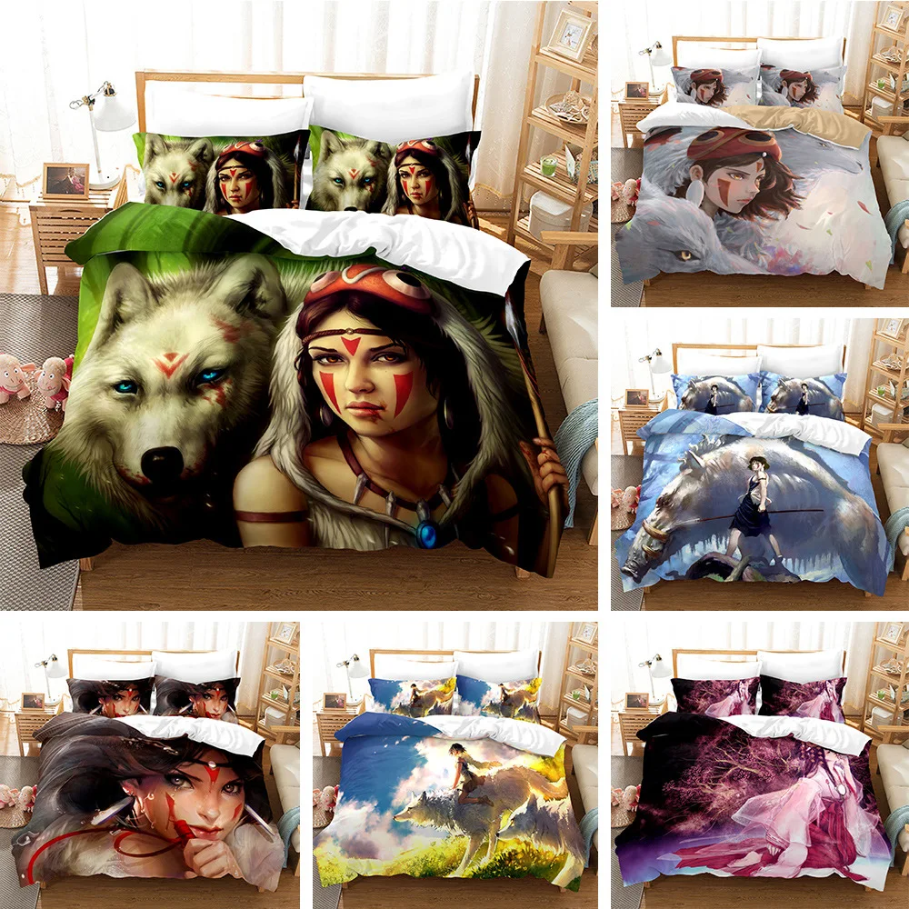 

Beddengoed Set Anime Adult Kids 3D Gedrukt Dekbedovertrek Met Kussensloop Twin Volledige Queen King Size Princess Mononoke