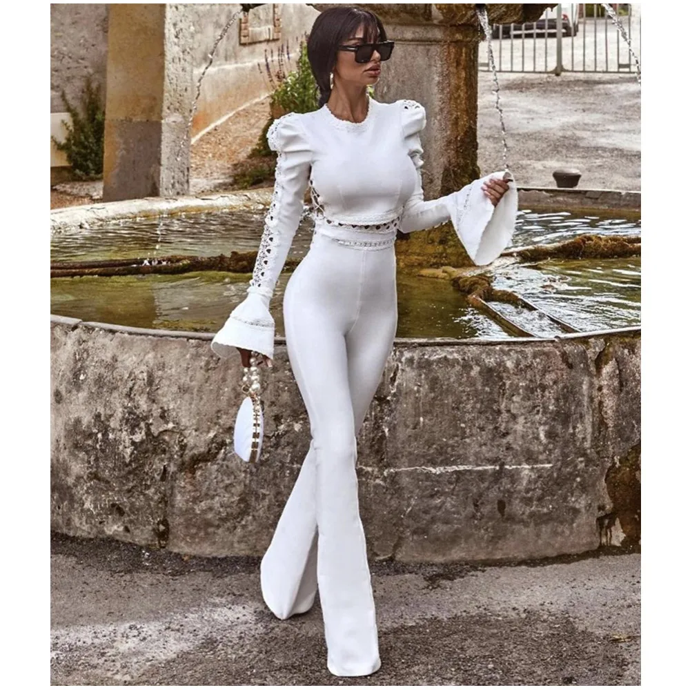 

Women Winter Style Sexy Long Sleeve Flare Black White Two Pieces Bandage Set 2021 Celebrity Designer Fashion Party Women's Set