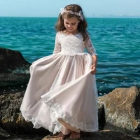 2021 lovely a line lace flower girls dresses pale pink jewel neck kids party gowns half sleeves kids formal wear full length