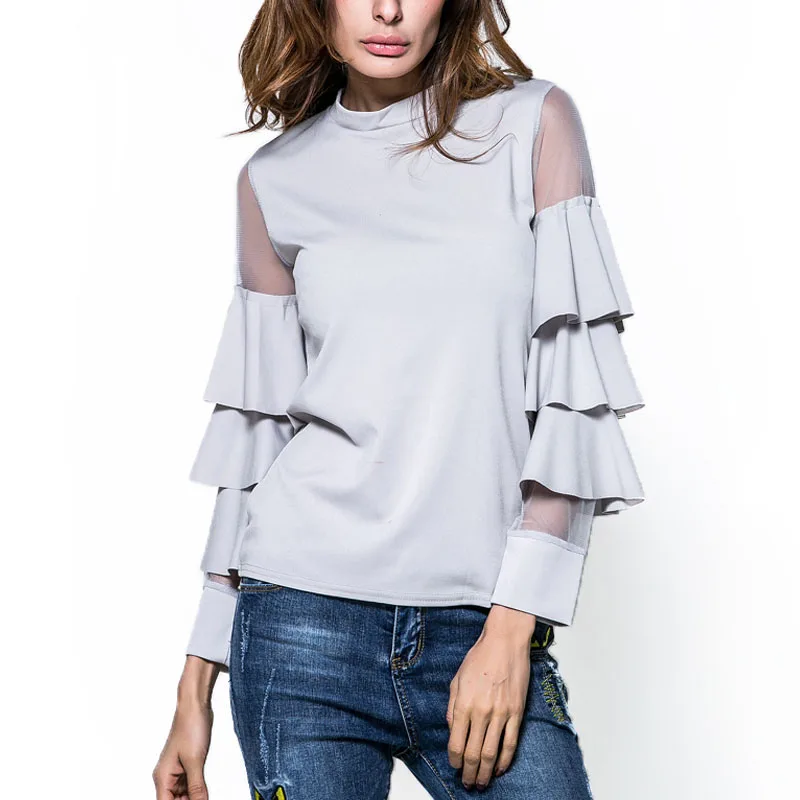 Женская хлопковая блузка с длинным рукавом милая многослойная сетчатая круглым