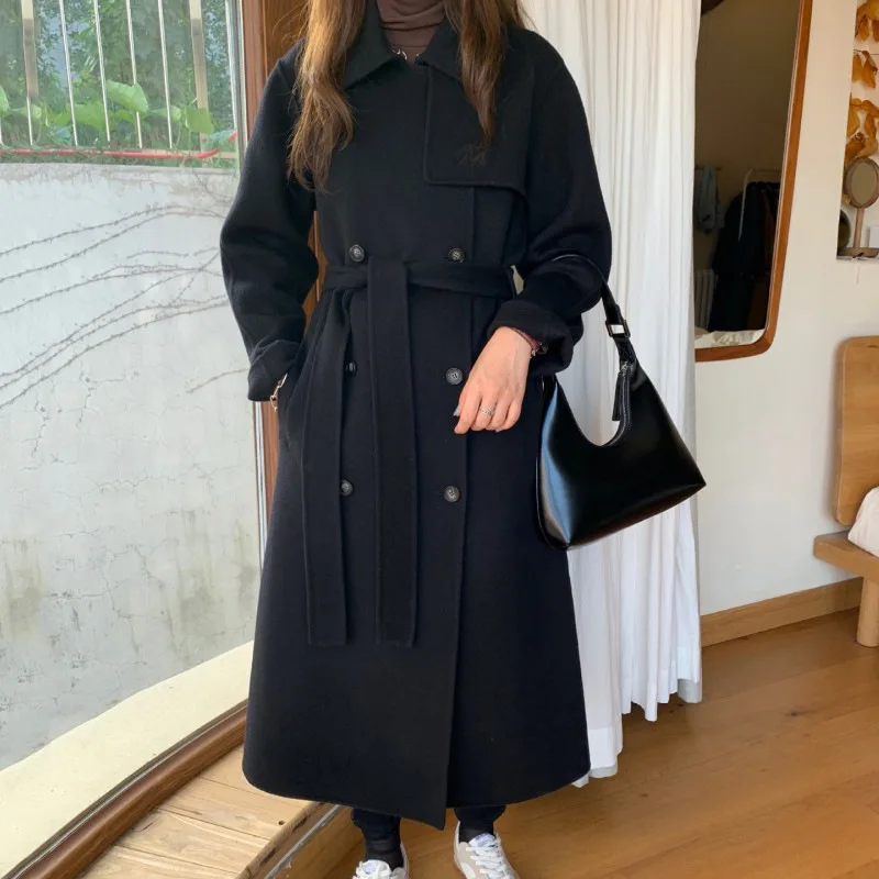 

2020 Winter Long Sleeve Lace-up Elegant Female Solid Blend Coats Chic Ladies Thicken Warm Loose Long Woolen Coat Women