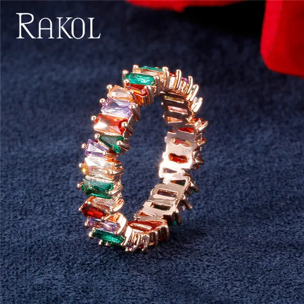 Multicolor Rose RAKOL, новинка, модное, роскошное, очаровательное, AAA, багет, кубический цирконий, обручальное кольцо для женщин, многоцветная, Т-образная форма, Cz камень, вечерние ювелирные изделия - Цвет основного камня: Multicolor Rose