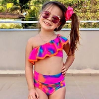 2pcs toddler baby girls tie dye ruffle swimwear strapless print two piece swimsuit summer bikini set sleeveless beachwear
