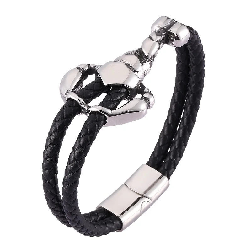 

Punk Black Braided Leather Steel Bracelet Men Unique Design Scorpion Bracelets Bangles Male Woven Wrist Band Jewelry PD0471