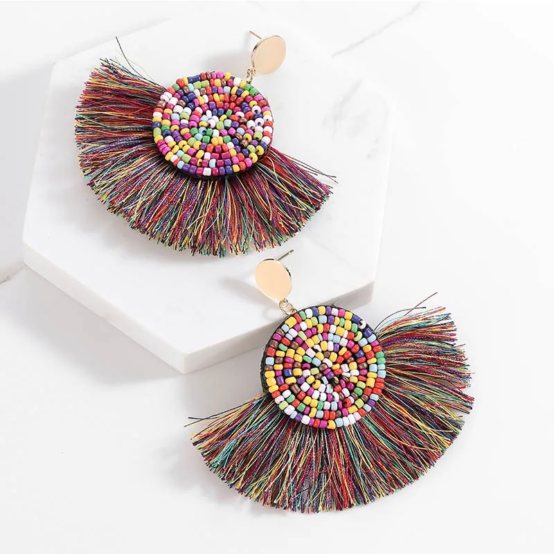 Веер с вышивкой в китайском стиле большие серьги из рафии бахромой богемные
