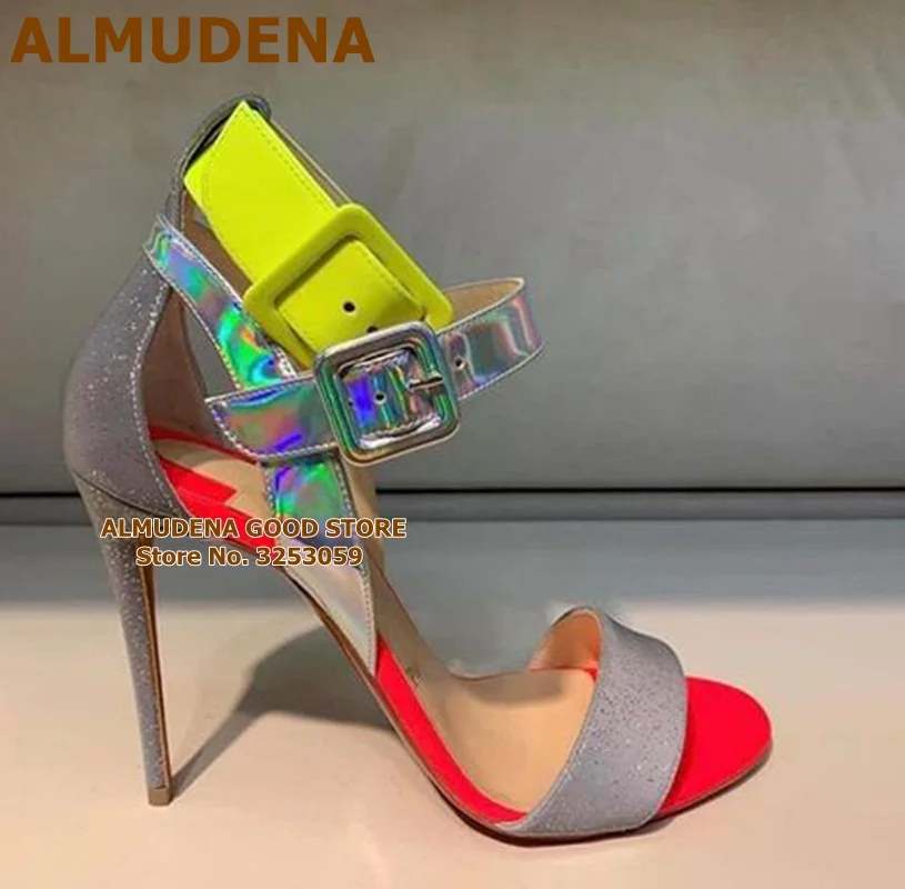 Неоново-желтые сандалии ALMUDENA с ремешком на пряжке голограмма переливающиеся