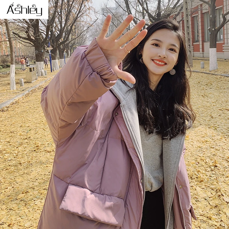 

Ashley Warm elegant knitted collar women coat jacket Casual pocket parka Fashion long female winter windproof jacket light pink