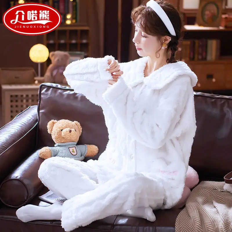 Зимние плотные теплые фланелевые пижамные комплекты для женщин одежда сна