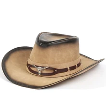 Wide Brim Western Cowboy Jazz Hat Cap Men Women Cowhide Fedora Hats Ribbon Metal Bullhead Decorated Black Panama Cap