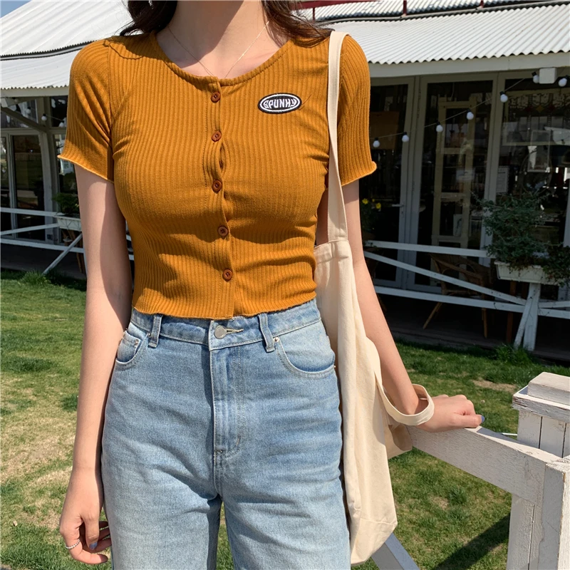 

Summer Sexy Crop Tops New 2020 Fashoin Women Single-breasted Short T Shirts Ladies Korean Style Harajuku Tee