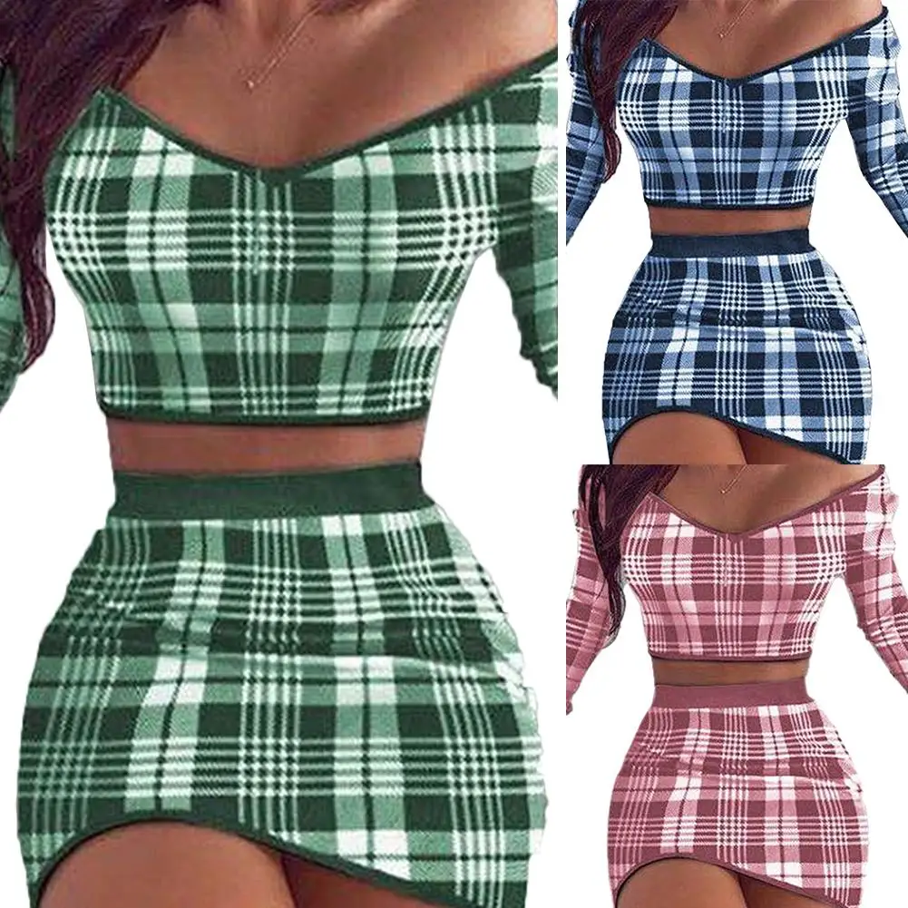 

Women Summer Sexy Plaid Long Sleeve Off Shoulder Blouse Top Mini Bodycon Skirt Outfits