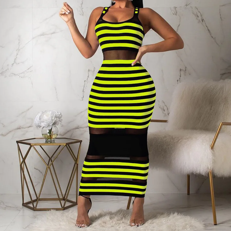 

New Summer Sexy Long Dress for Women Striped Printed Mesh Stitching Sexy Tight-fitting Tank Top Dress Club Party Vestidos 2021
