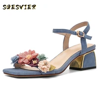 sgesvier fashion sweet flowers decoration women sandals square toe buckle high heels elegant kid suede party office shoes woman