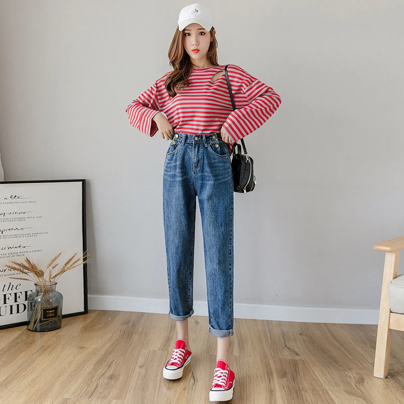 

Autumn outfit new high elastic waist ins 5 grain of buckle Xuan cowboy female harlan baggy pants pants, leisure trousers 2020