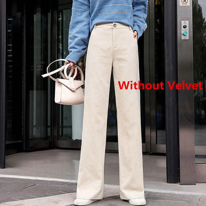 khaki no velvet Бархатные осенние зимние штаны, вельветовые широкие брюки, женские брюки, повседневные брюки с высокой талией, длинные женские брюки C6020 - Цвет: khaki no velvet