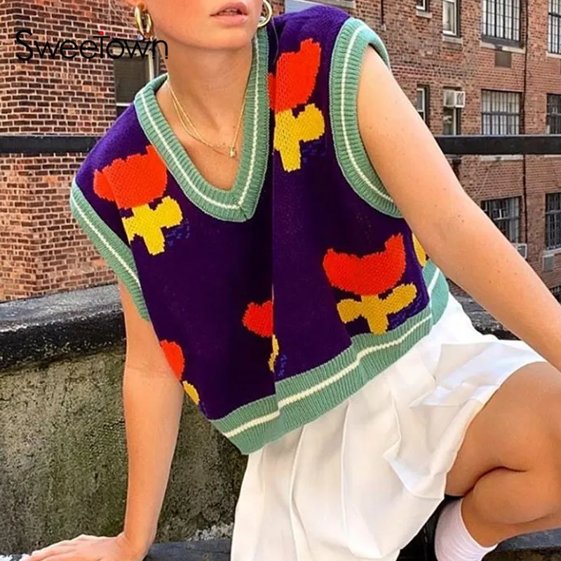 Милый женский вязаный жилет с цветочным принтом Sweetown в стиле преппи трендовая