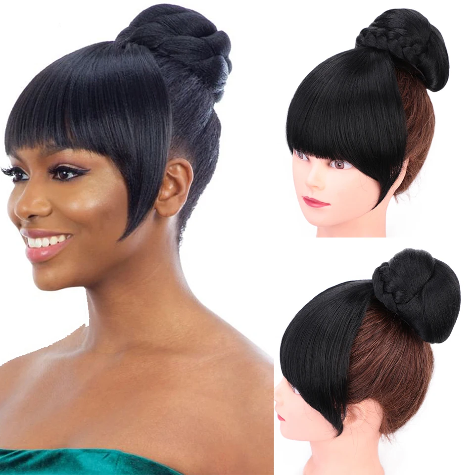 

Synthetic Extension Clip in Hair Dount Chignon with Bangs Hairpiece for Women Drawstring Ponytail Extension