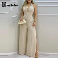 lace trim buttoned backless slit jumpsuit sexy sleeveless summer jumpsuit overalls for women