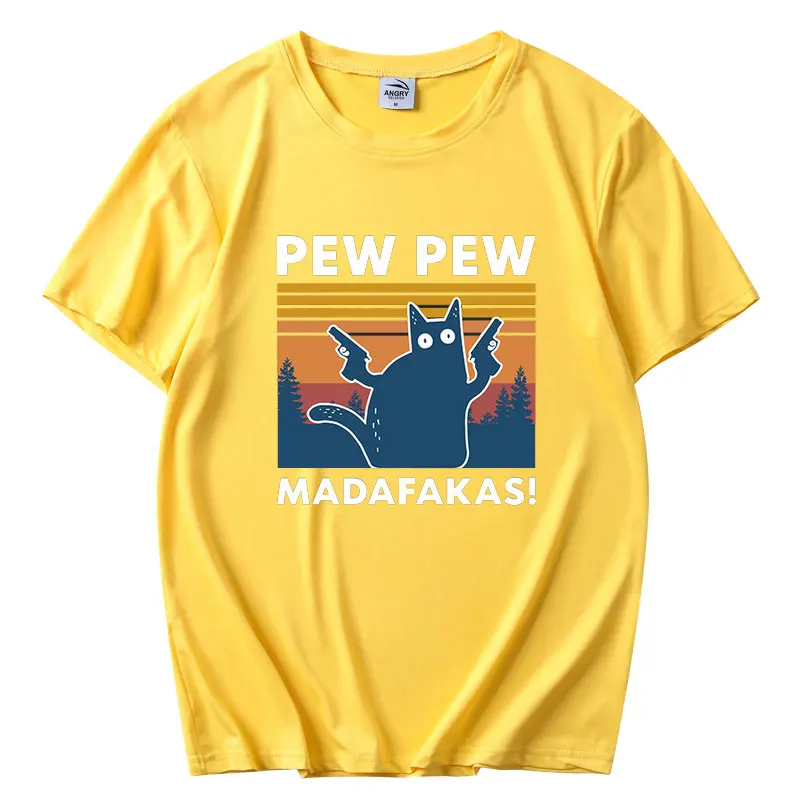 

Sunmmer Pew Pew Madafakas Oversized Shirt Novelty Funny Cat Vintage Crew Neck Men's T-Shirt Humor Women Top Tee Gift