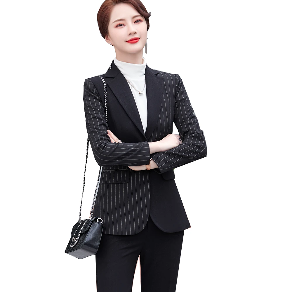 

Fashion Black White Stripe Ladies Asymmetric Pant Suit Formal Women Female Office Business Jacket and Trouser 2 Piece Set Blazer