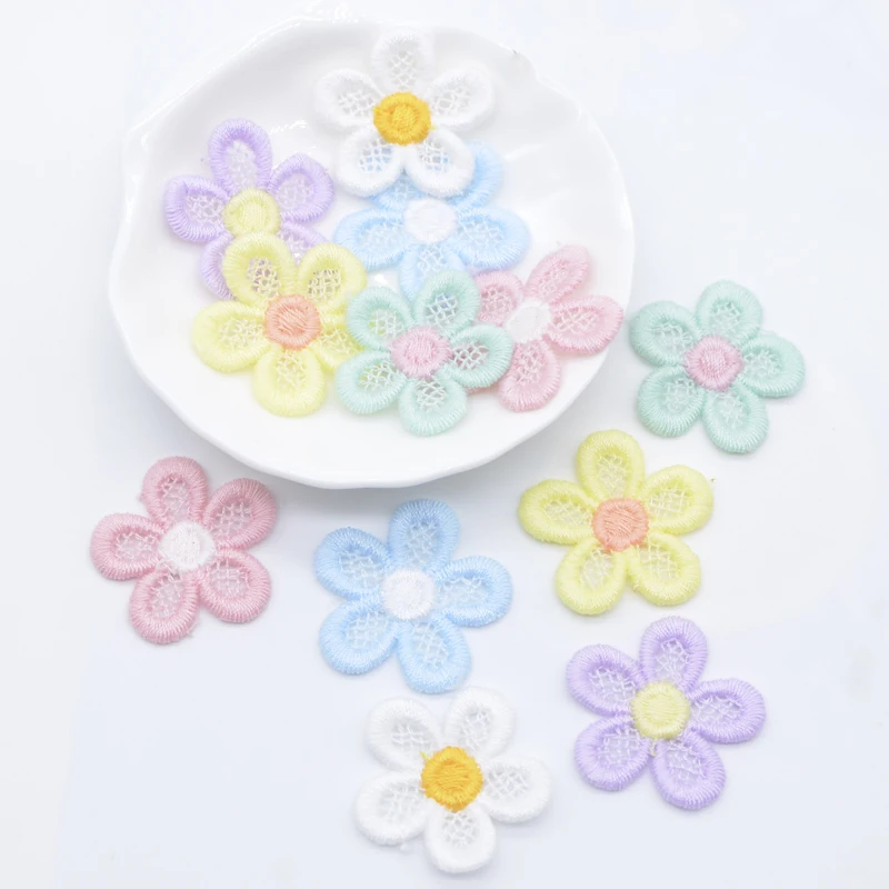 20Pcs 28mm Embroidered knitting Flower for Girl Clothes Hat Gloves Sewing Patches DIY Headwear Hair Clips Bow Decor Accessories | Дом и сад