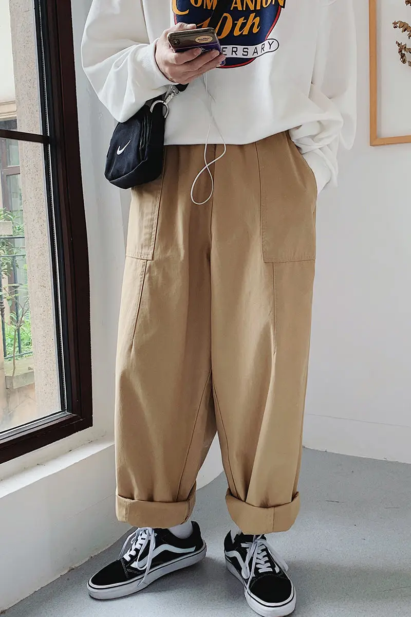 

2020 Spring And Autumn New Youth Fashion Men's Loose Solid Color Japanese Overalls Fashion Casual Fat Harem Pants M-2XL