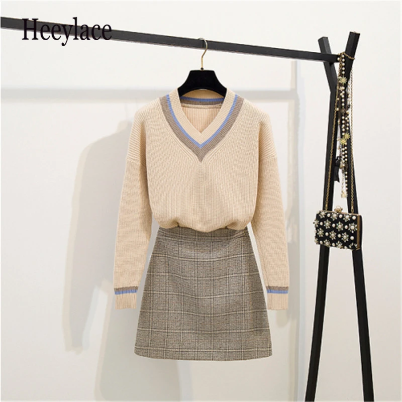 Женский вязаный костюм с v-образным вырезом толстый свободный свитер +