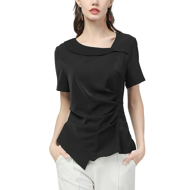 

Fashionable Skew Collar Irregular Design Women Summer Tops Elegant Slim Blouses Shirred Black Plus Size Ladies Office Casual Top