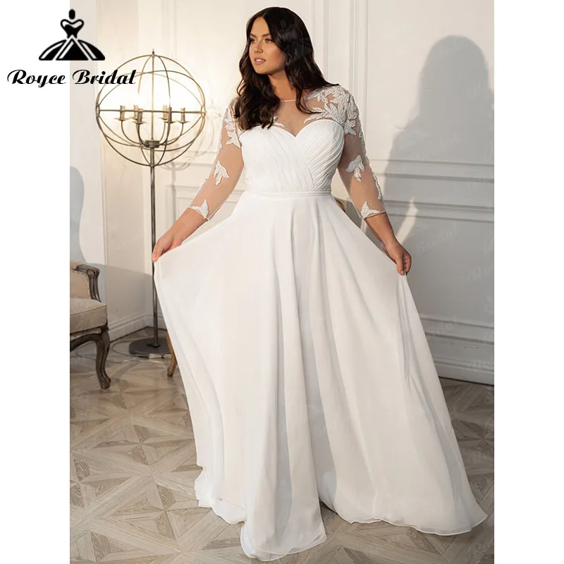 

Шифоновое пляжное свадебное платье трапециевидной формы с кружевной аппликацией и круглым вырезом