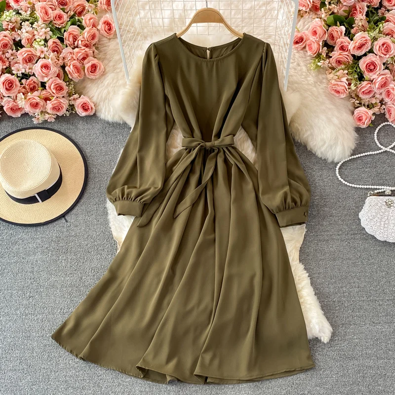 

Женское длинное платье с высокой талией, элегантное платье с круглым вырезом и тонкими рукавами-фонариками в стиле Звезд, осень 2021