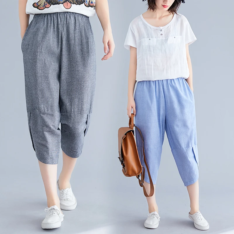 

Брюки женские в полоску, повседневные укороченные штаны с эластичной высокой талией, тонкие свободные шаровары, AH72, большие размеры, летняя ...