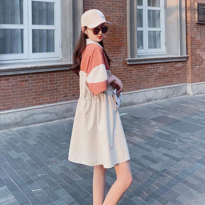 

2021 summer new style popular color stitching high-end shirt skirt temperament French dress women